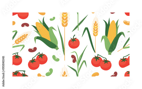 agroecology crops with corn cobs, wheat, beans and tomatoes in structured composition, seamless pattern, repeating pattern, surface design, textile print, soft