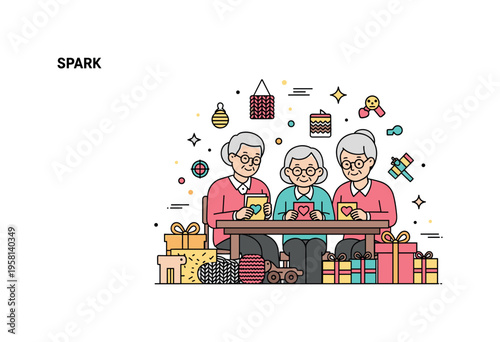 Handmade family gifts table small craft table with finished handmade gifts like knitted items, wooden toys, and wrapped packages while grandparents admire