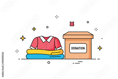 Decluttering clothes pile with a few colorful garments placed neatly next to a labeled donation box. Simple lifestyle moment suggesting tidiness, generosity,