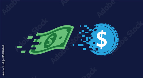 Fast money transfer vector illustration with green dollar bill converting to blue coin pixels on dark background