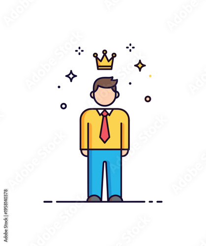 Confidence and self belief person standing tall with a small crown icon floating above the head representing self respect and dignity. Gentle decorative stars