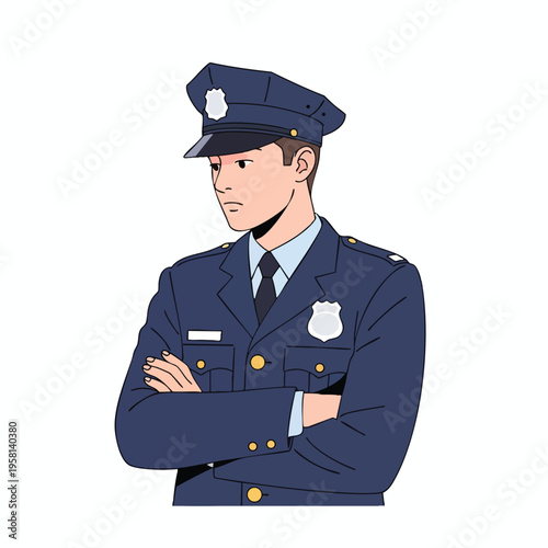 Confident policeman with arms crossed, wearing a dark blue uniform and cap