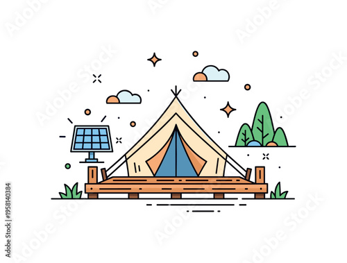 Sustainable glamping experience centered on a stylish safari tent with wooden deck and small solar panel icon nearby. The scene captures the charm of outdoor