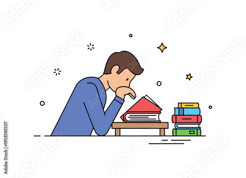 Focused reading session a person leaning over a book at a simple library desk with small stacks of books nearby symbolizing curiosity and