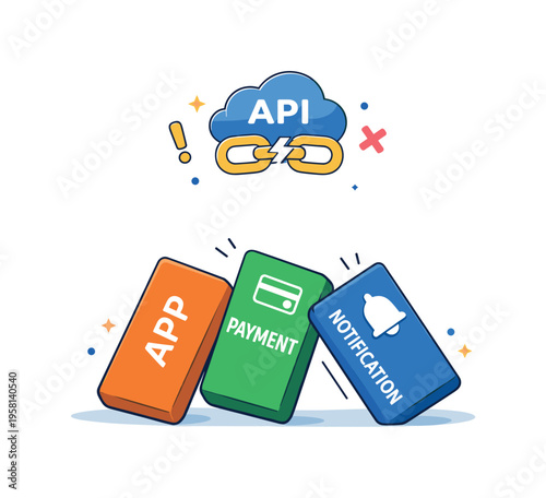 API failure domino effect unfolding across digital services as a single broken connection icon triggers falling blocks labeled app, payment, and notification,
