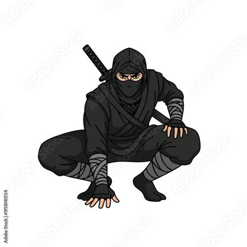 Black-clad ninja crouches low, sword on back, eyes intense