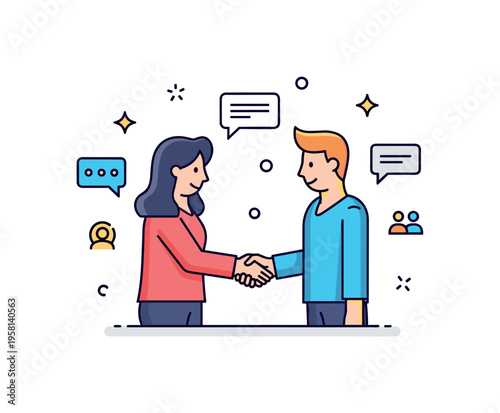 Civility in everyday interaction two people greeting each other with a respectful handshake while small speech bubbles and gentle sparkles emphasize polite