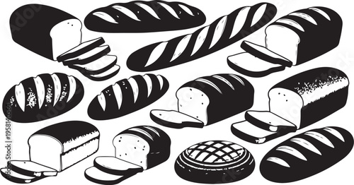 Variety of bread loaves and sliced bread illustrations