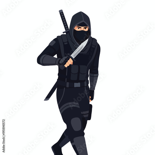 A ninja in black attire, masked and hooded, holding a tactical knife