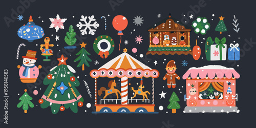 Festive winter scene with christmas market stalls and carousel elements