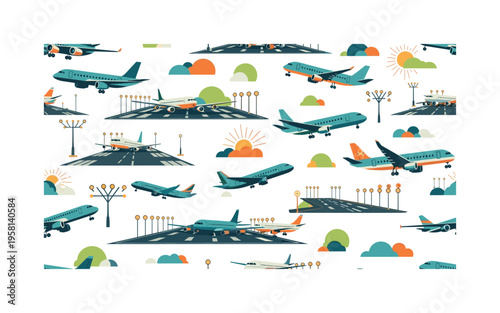airport takeoff collection seamless pattern, repeating pattern, surface design, textile print, modern illustration of airplanes lining up, lifting off, runway