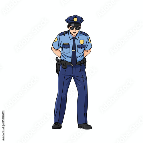 A uniformed male police officer in sunglasses stands with hands behind his back