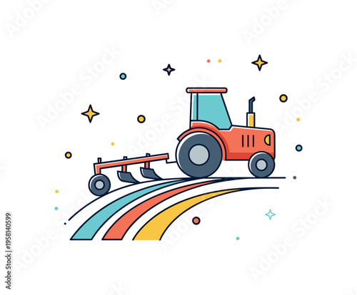 Modern farming tractor theme showing a simplified tractor icon pulling a small plow attachment across curved field lines, symbolizing cultivation and seasonal