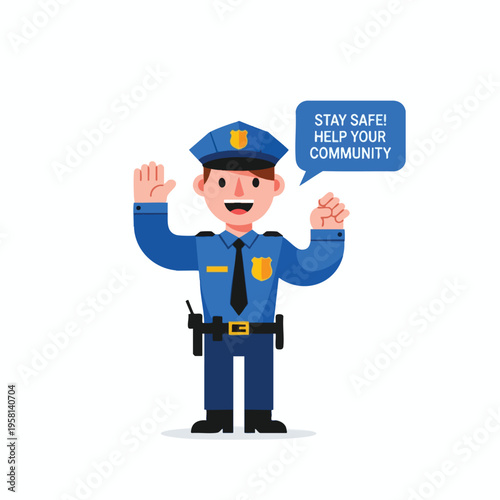 Smiling cartoon police officer with badge, hands up, asking to stay safe