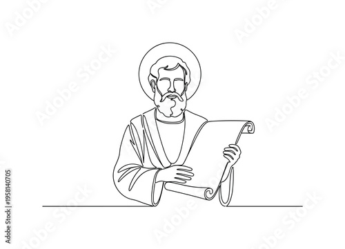 Saint Peter Reading Scripture. Minimalistic one-line drawing Saint Peter holding an open scroll representing teachings, continuous single black line on white