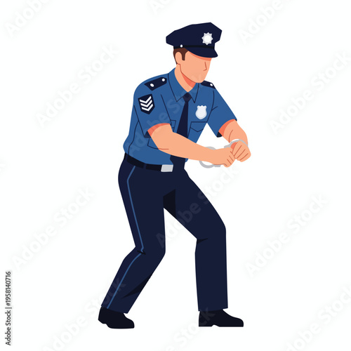 Policeman in uniform holding handcuffs, ready to apprehend