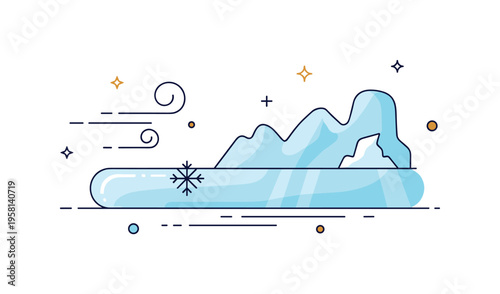Frozen landscape moment featuring a smooth ice surface with a small snowflake icon and cold air swirls suggesting winter chill and icy textures. The