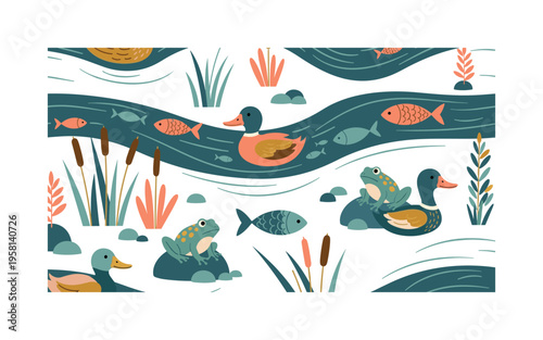 river wildlife seamless pattern, rivers with ducks, fish, frogs, reeds, small stones and riverside plants arranged in a repeating pattern, white background
