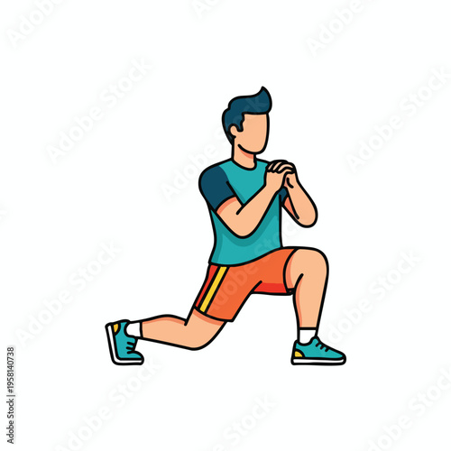 A cartoon person is performing a forward lunge exercise on a white background