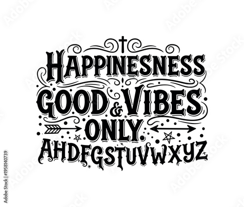 Happiness First. lettering and all elements in black. Vector style. AWhite background. Pure white background. Perfect isolation and visual consistency.