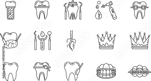 Dentistry treatment icons set with tooth care, braces, dental tools and orthodontic procedures outline vector illustration collection