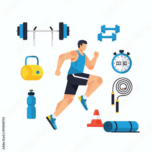 Athletic man running amidst diverse fitness equipment and workout accessories