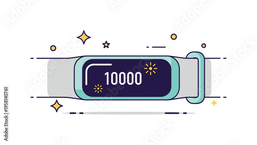 Fitness tracker band close up with step counter reading and tiny spark icons indicating achievement. A compact visual metaphor for daily goals, movement, and