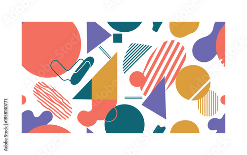 high-energy geometric contrast seamless pattern, abstract shapes, circles, triangles, stripes, blobs and lines in strong complementary bright tones arranged in