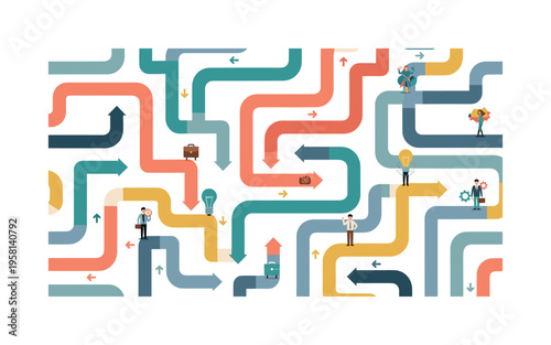 decision journey maze pathways arrows crossroads and tiny figures illustrated as modern conceptual icons, flat vector smooth rounded shapes, saturated modern