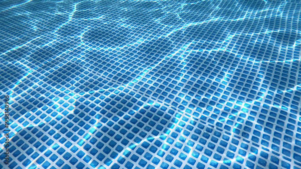 Naklejka premium Close view of a blue swimming pool floor with clear water and sun reflections. Concept for summer, recreation, wellness, travel, sport, pool care, cleanliness, and background design.