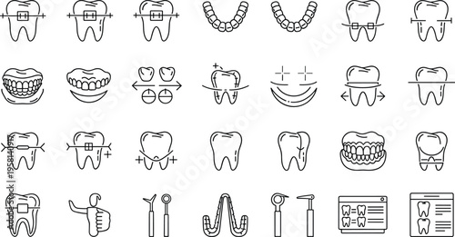 Dental care and orthodontics icons set with teeth, braces, implants and dentist tools outline vector illustration collection