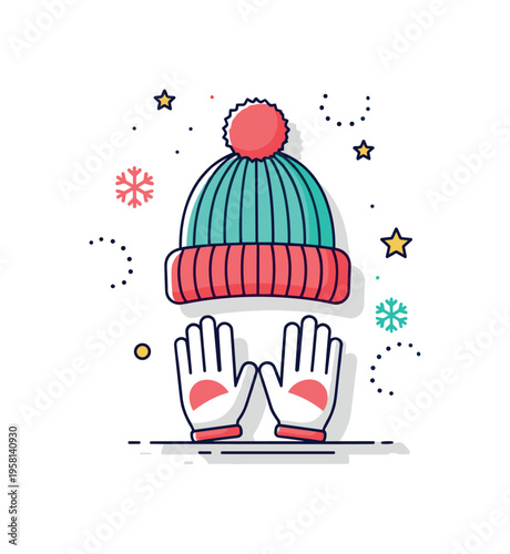 Knitted winter hat soft beanie with a fluffy pom pom resting above a pair of simple gloves forming a compact winter comfort symbol. Small snowflake icons and