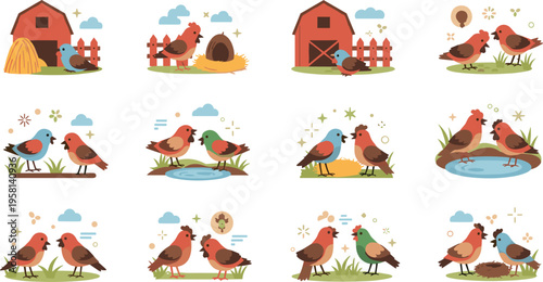 Farm birds set with chickens and roosters in countryside scenes, barnyard animals and rural life cartoon vector illustration collection