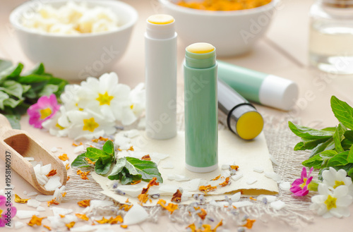 Diy lip balms, emulsifier in a wooden spoon with cosmetic ingredients, wax and shea butter in a bowl