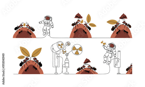 ant teamwork pattern seamless pattern, ants carrying food, moving along trails, exploring anthills, climbing leaves and interacting with other ants arranged in