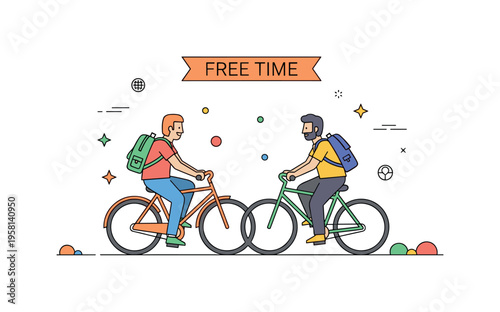 Weekend friendship activity two adults riding bicycles side by side with a small banner reading Free Time above the scene. The composition reflects relaxed
