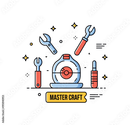 Master artisan identity centered on a crafted object surrounded by simple tools and a small label reading ?Master Craft?. The illustration represents
