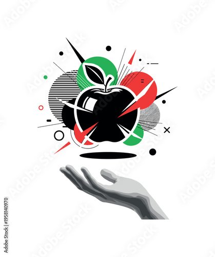 apple with geometric highlights floating above hand abstract circles lines and geometric shapes representing vitality and freshness black and white retro apple