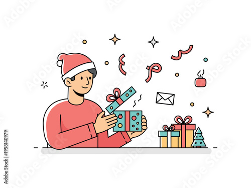 Holiday parcel excitement centered on a person opening a small decorated box while sparkles and ribbon shapes float around. The scene captures the warm