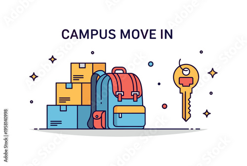 Campus move in day scene a student backpack beside stacked boxes and a dorm key icon capturing the excitement and organization of starting life on campus.