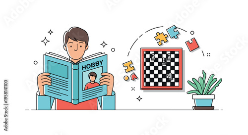 Relaxing hobby time showing a person reading a hobby magazine while a chessboard and puzzle pieces rest on the table nearby. The scene reflects slow leisure