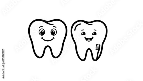 Cute tooth characters with smiling faces and brushing concept in outline style.