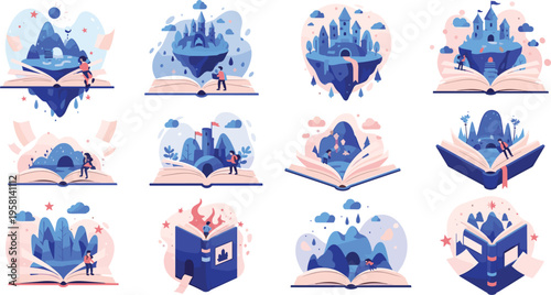 Fantasy book worlds set with magical landscapes, castles and imagination concepts cartoon vector illustration