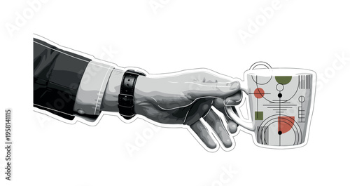 hand reaching for crisp apple on geometric surface abstract semicircles lines and geometric blocks symbolizing selection and freshness black and white retro