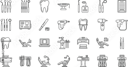Dental clinic equipment icons set with dentist chair, tools, drill, instruments and treatment devices outline vector illustration collectionPrint