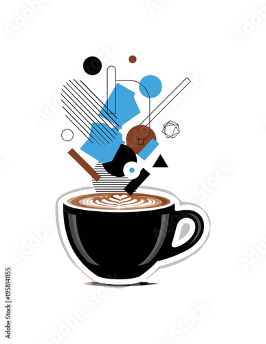 coffee cup with latte art and floating geometric shapes abstract circles lines and geometric shapes representing specialty coffee culture black and white retro