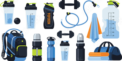 Fitness accessories set with water bottles, shaker, dumbbells, jump rope and gym gear cartoon vector illustration