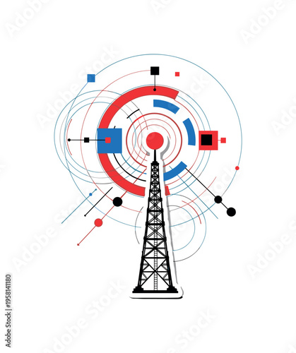 radio tower transmitting signals abstract concentric circles lines and geometric blocks representing broadcast network black and white retro radio tower object
