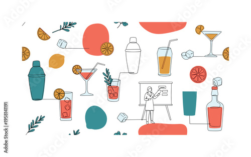 cocktail ingredients seamless pattern, spirits, mixers, shakers, glasses, citrus wedges, ice cubes and herbs arranged in a repeating pattern, white background