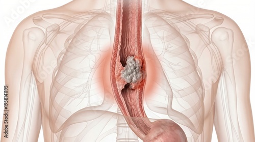 Esophageal cancer medical visualization showing an irregular, infiltrating tumor mass within the mucosal wall inside a ghostly thoracic contour for clinical oncology diagnostic health illustration